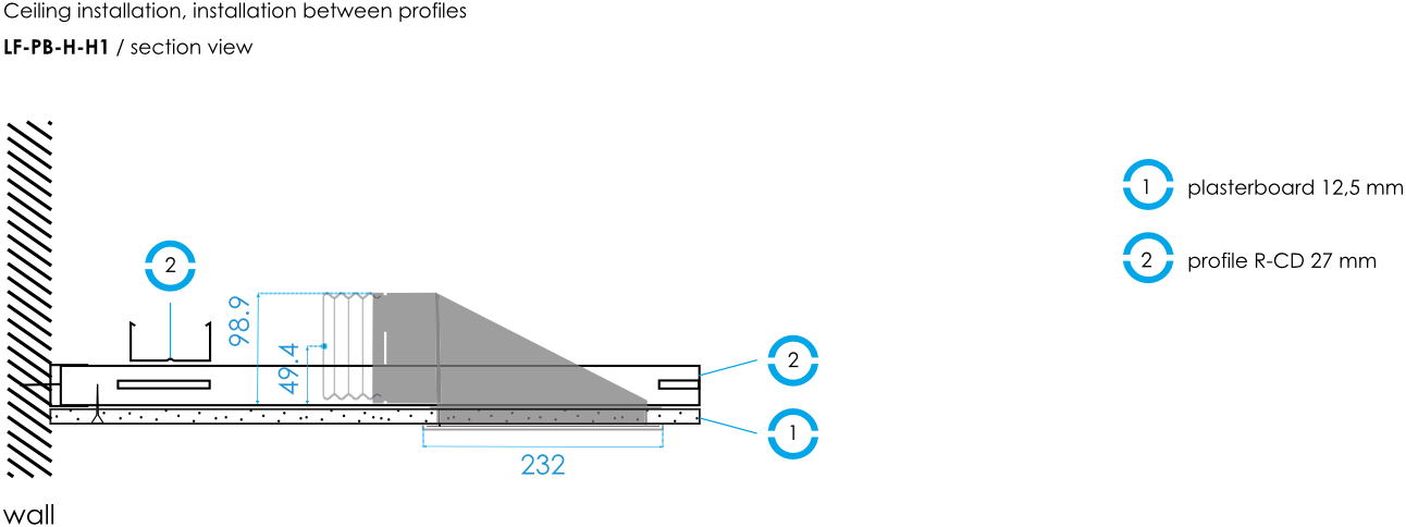 FLAT_EN_Construction Details_Ceiling installation, installation between profiles_LF-PB-H-H1_ section view